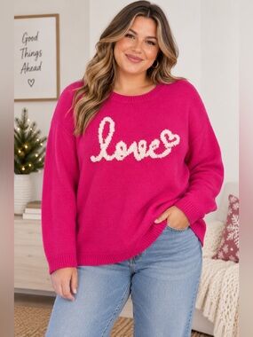 Cupcakes and Cashmere Pink Love Heart Sweater 
Size 3X